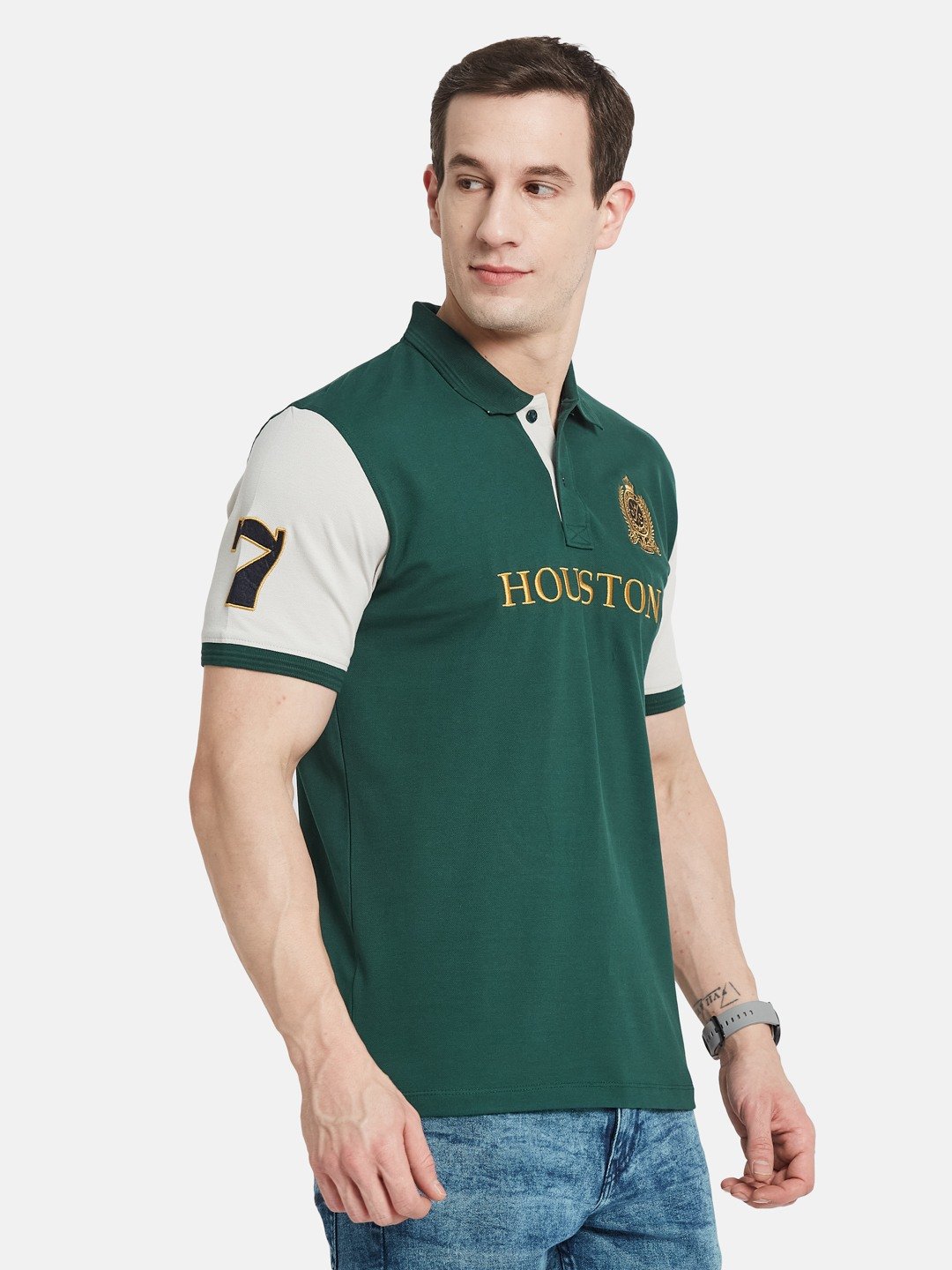 CHEST PRINT POLO NECK EMBROIDED APPLIQUE PIQUE LYCRA T-SHIRT
