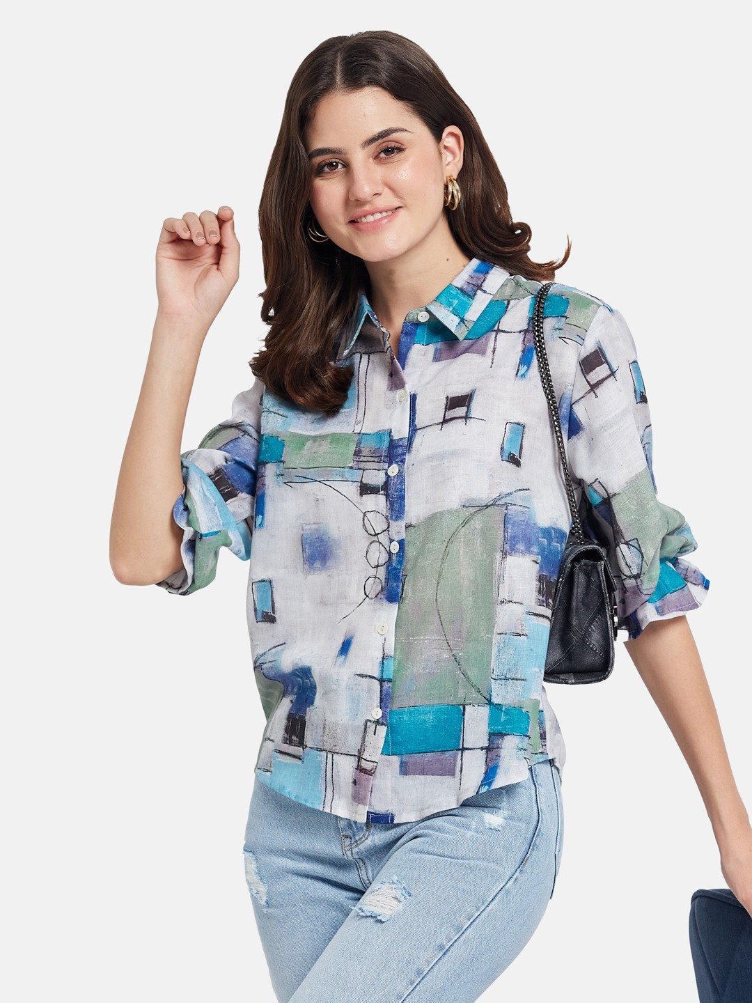 METTLE SS25 Geometric Printed Spread Collar Cotton Casual Shirt