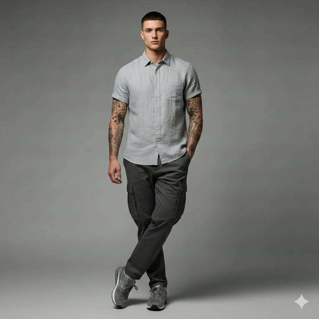 Men Mint Button Down Collar Cotton Shirt