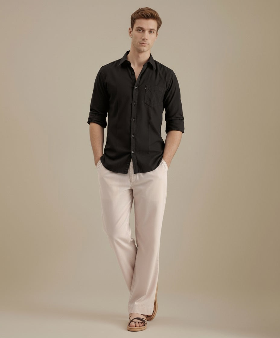 Mettle Men Black Casual Solid Polo Neck Shirt