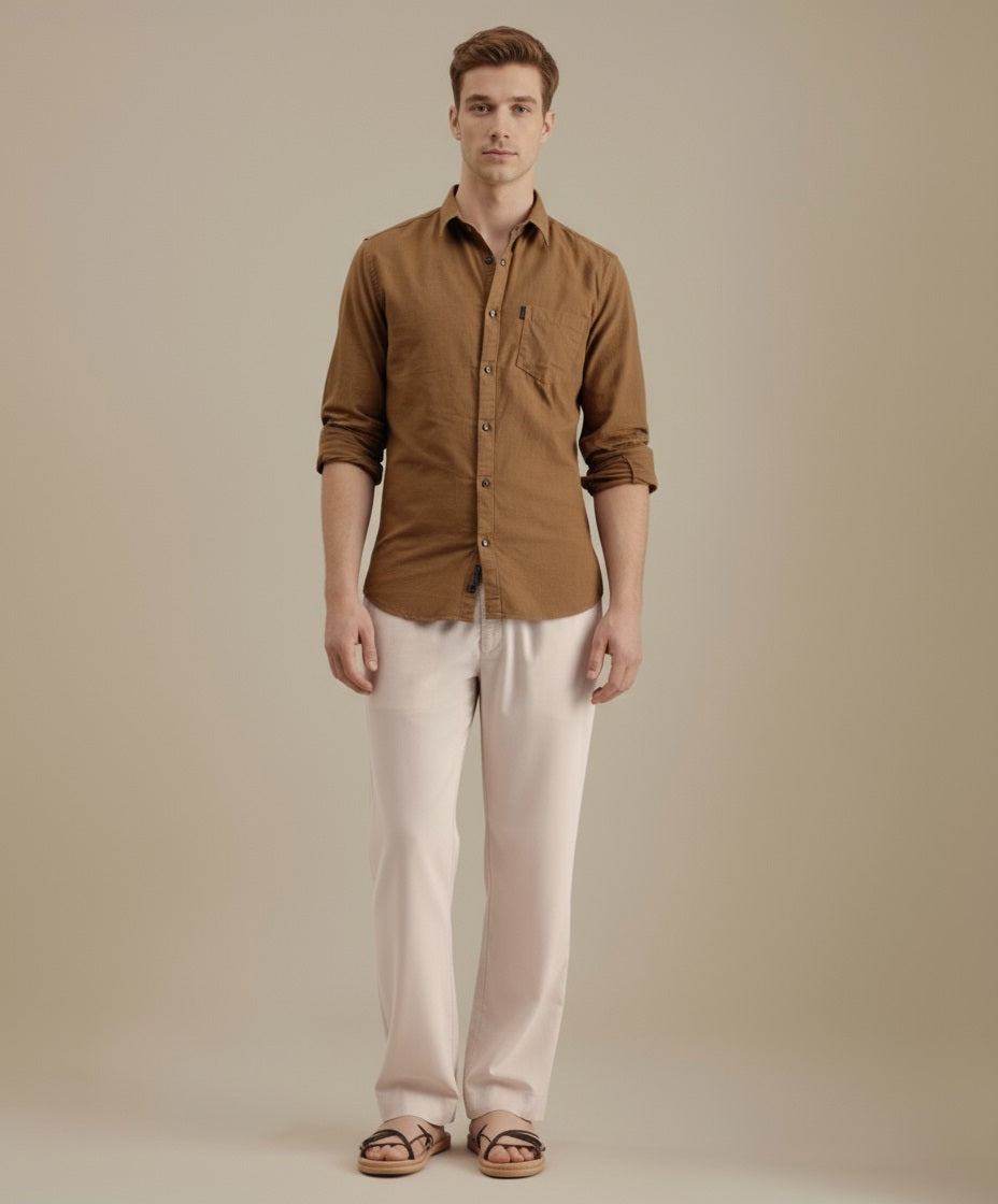 Mettle Men Khaki Casual Solid Polo Neck Shirt