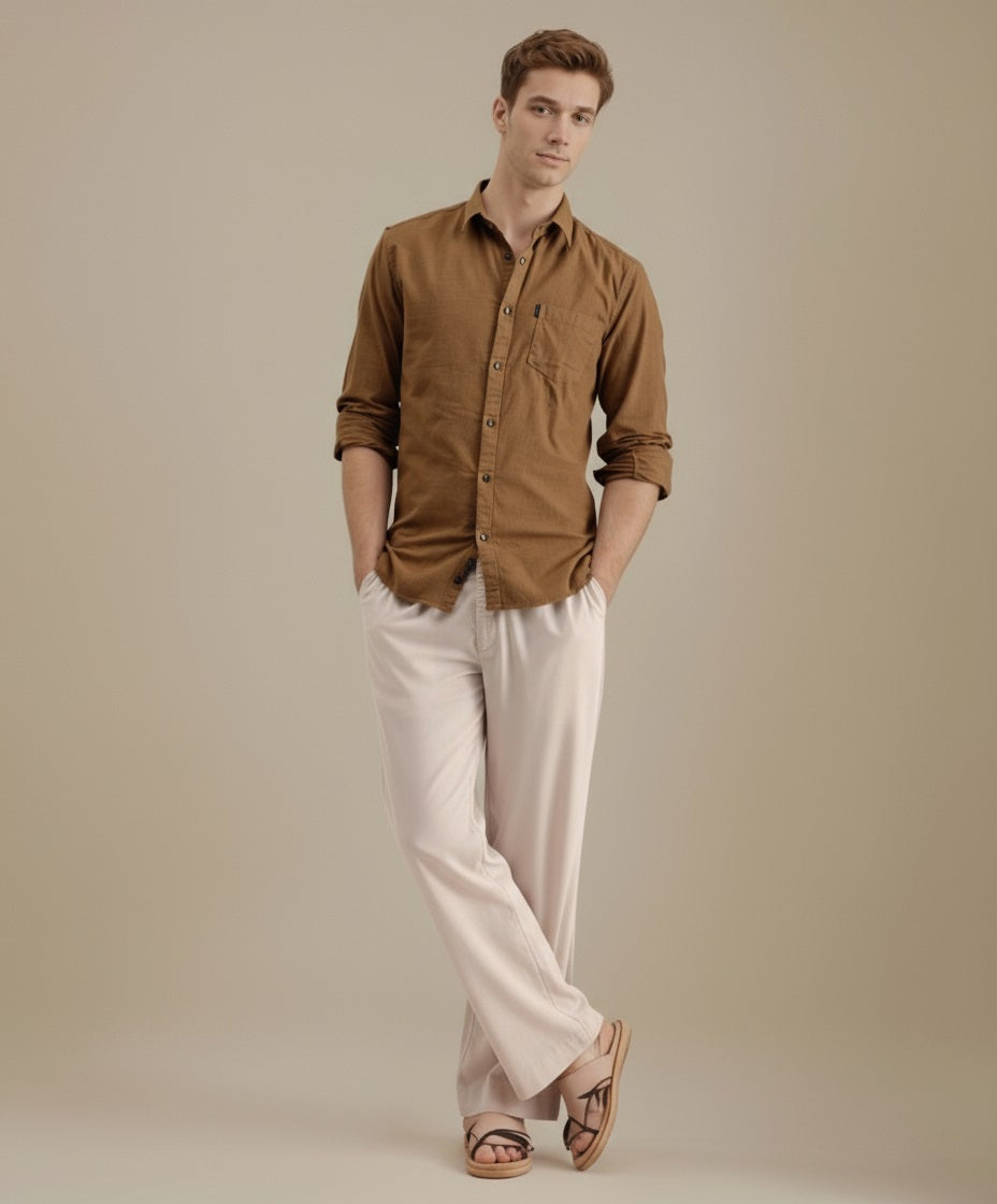 Mettle Men Khaki Casual Solid Polo Neck Shirt