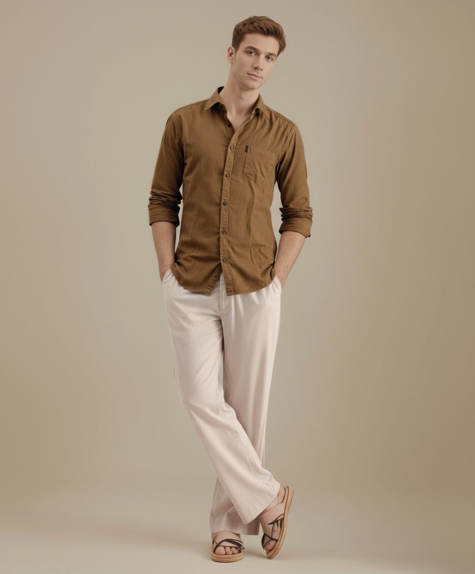 Mettle Men Khaki Casual Solid Polo Neck Shirt
