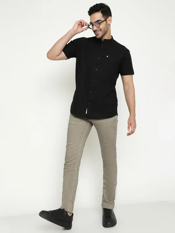 Mettle Mandarin Collar Short Sleeves Cotton Casual Shirt