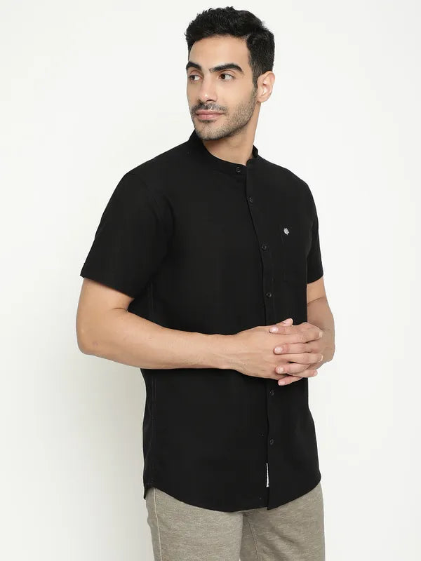 Mettle Mandarin Collar Short Sleeves Cotton Casual Shirt