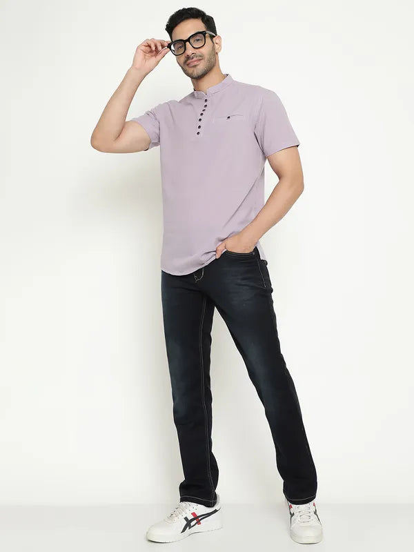 Mettle Mandarin Collar Short Sleeves Cotton Casual Shirt