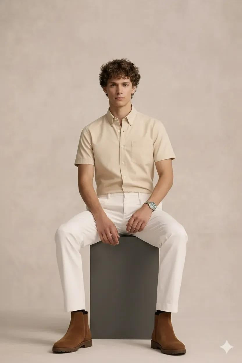 Men Peach Polo Neck Solid Casual Shirt