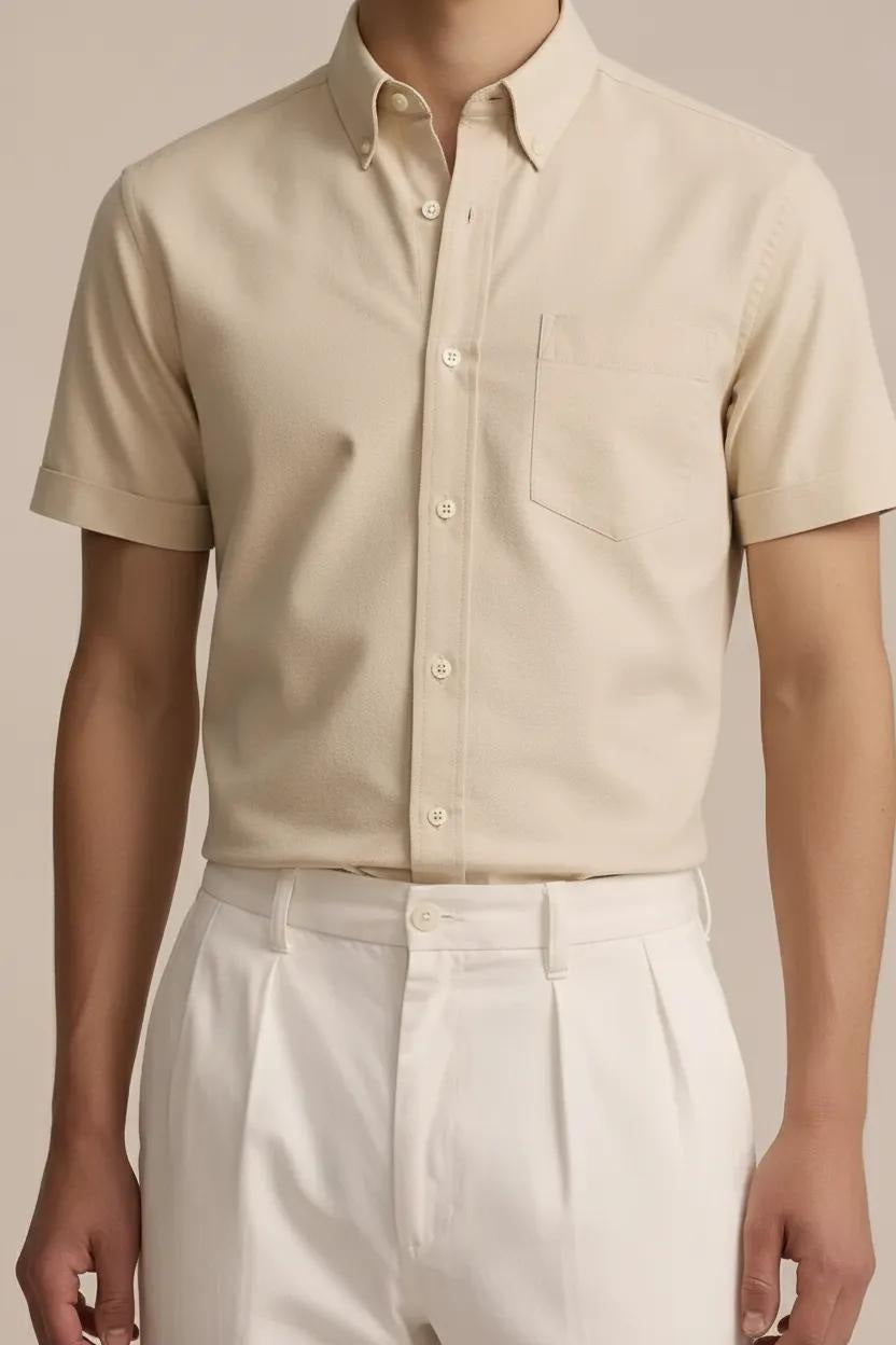 Men Peach Polo Neck Solid Casual Shirt