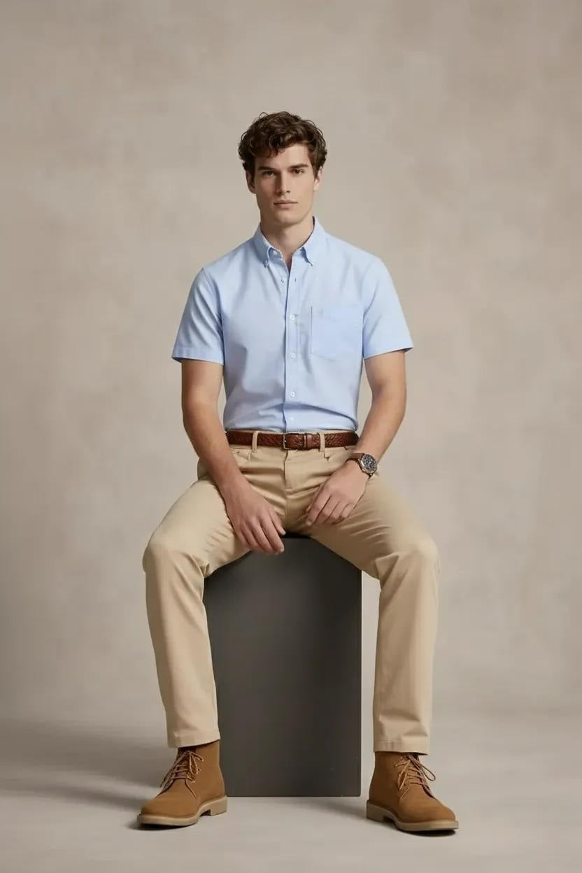 Men Sky Blue Polo Neck Solid Casual Shirt