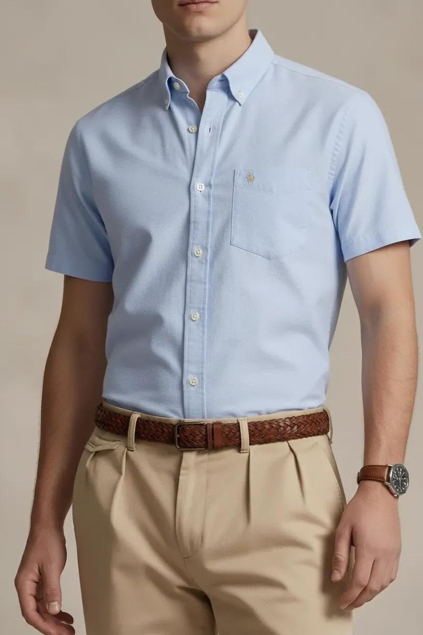 Men Sky Blue Polo Neck Solid Casual Shirt