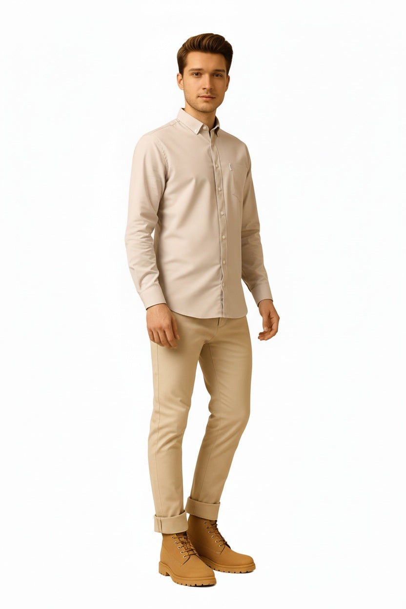 Men Natural Solid Polo Neck Casual Shirt