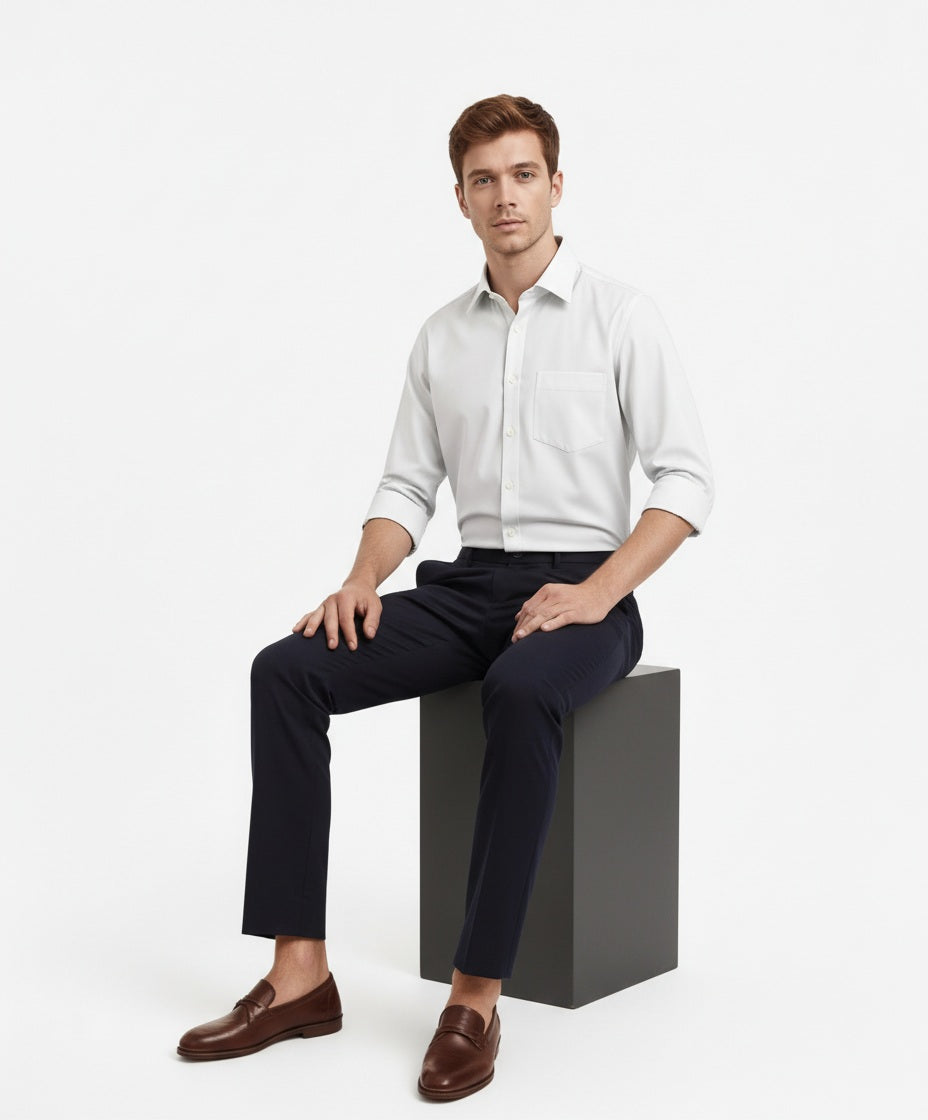 Men White Solid Polo Neck Casual Shirt