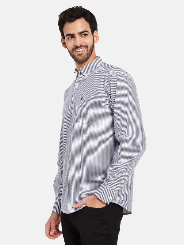 Mettle Men Navy Blue Opaque Printed Casual Shirt