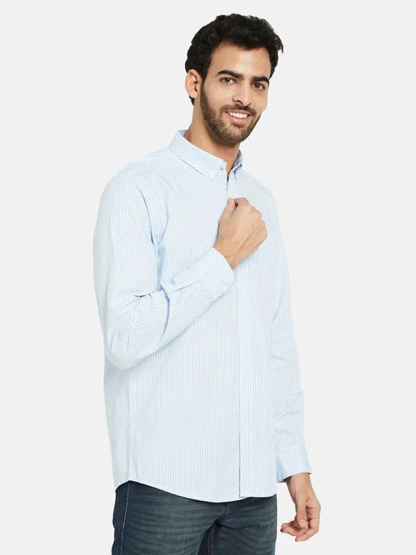 Mettle Men Blue Pinstripes Opaque Striped Casual Shirt