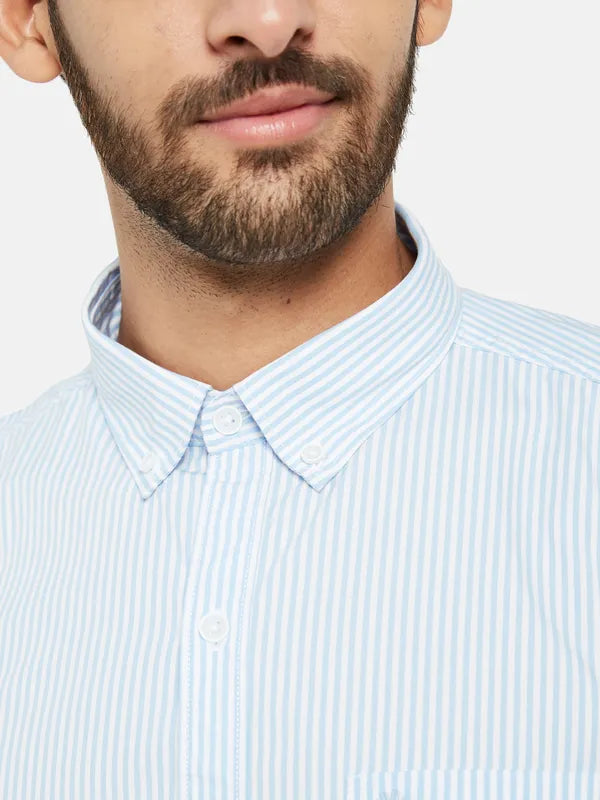 Mettle Men Blue Pinstripes Opaque Striped Casual Shirt