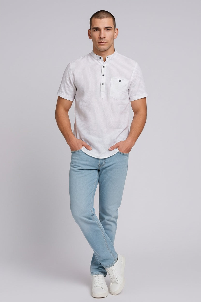 Men Natural Multi Stripes Mandrin Neck  Casual Shirt