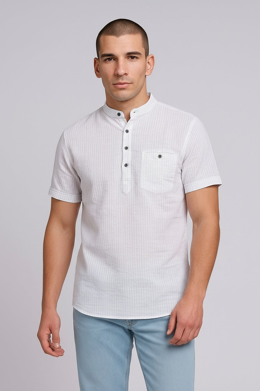 Men Natural Multi Stripes Mandrin Neck  Casual Shirt