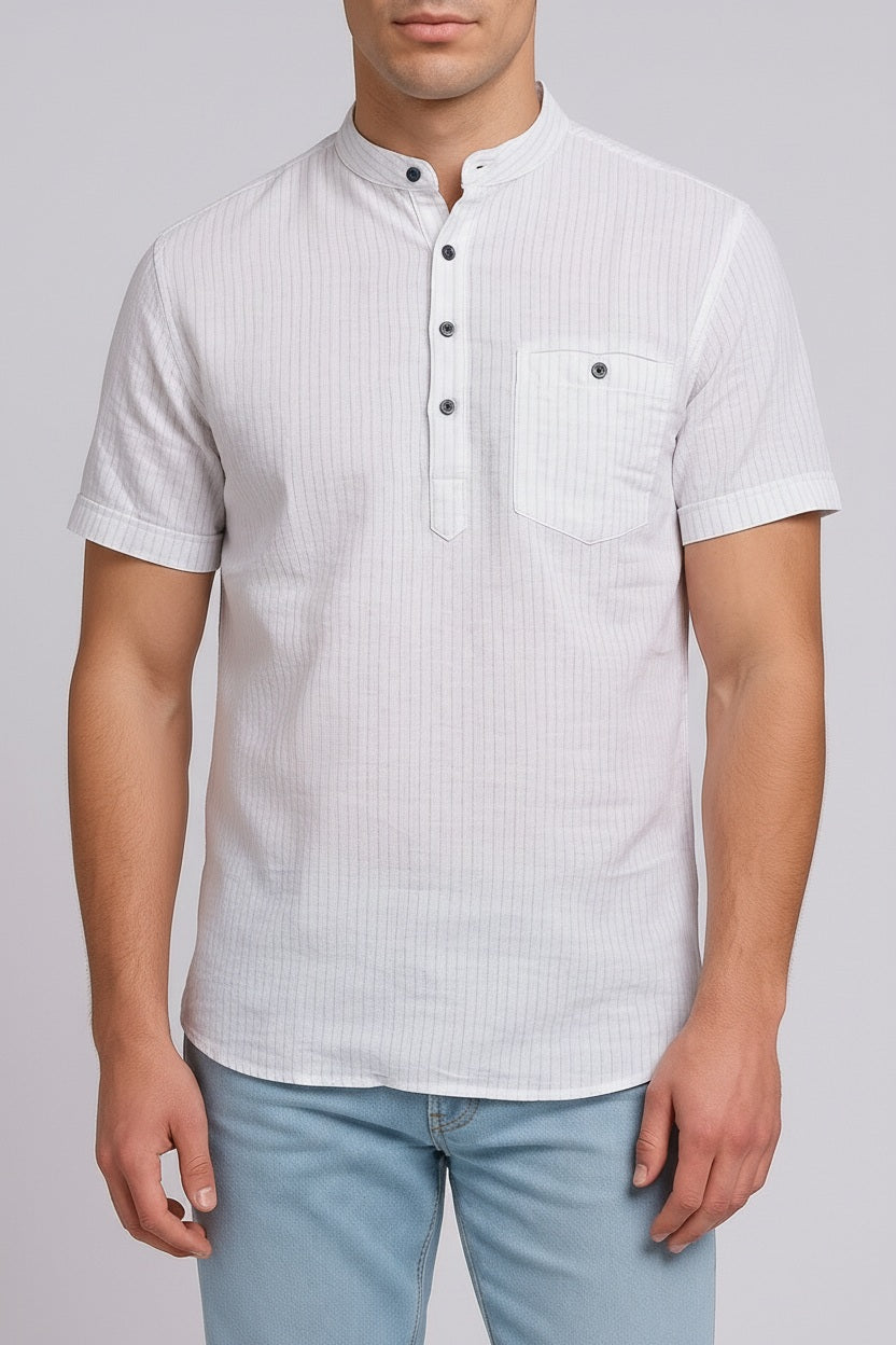 Men Natural Multi Stripes Mandrin Neck  Casual Shirt