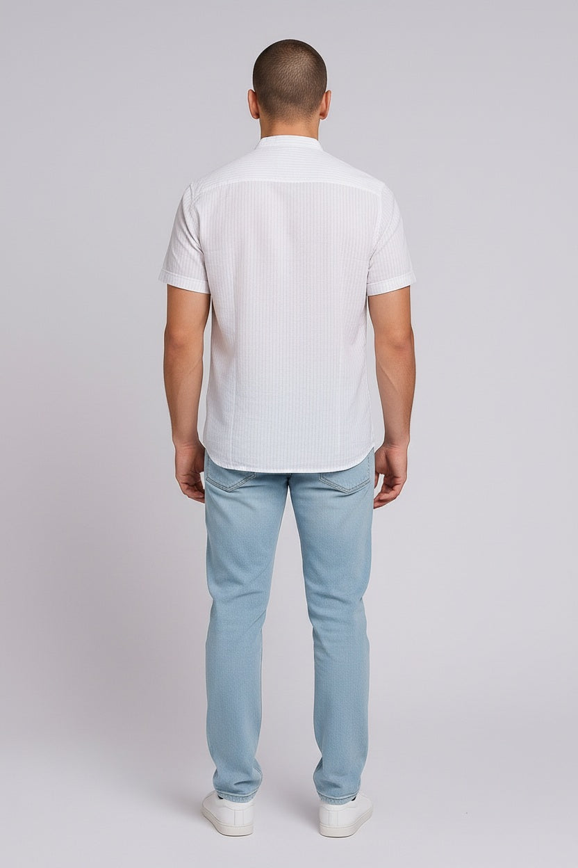 Men Multi Stripes Mandrin Neck  Casual Shirt