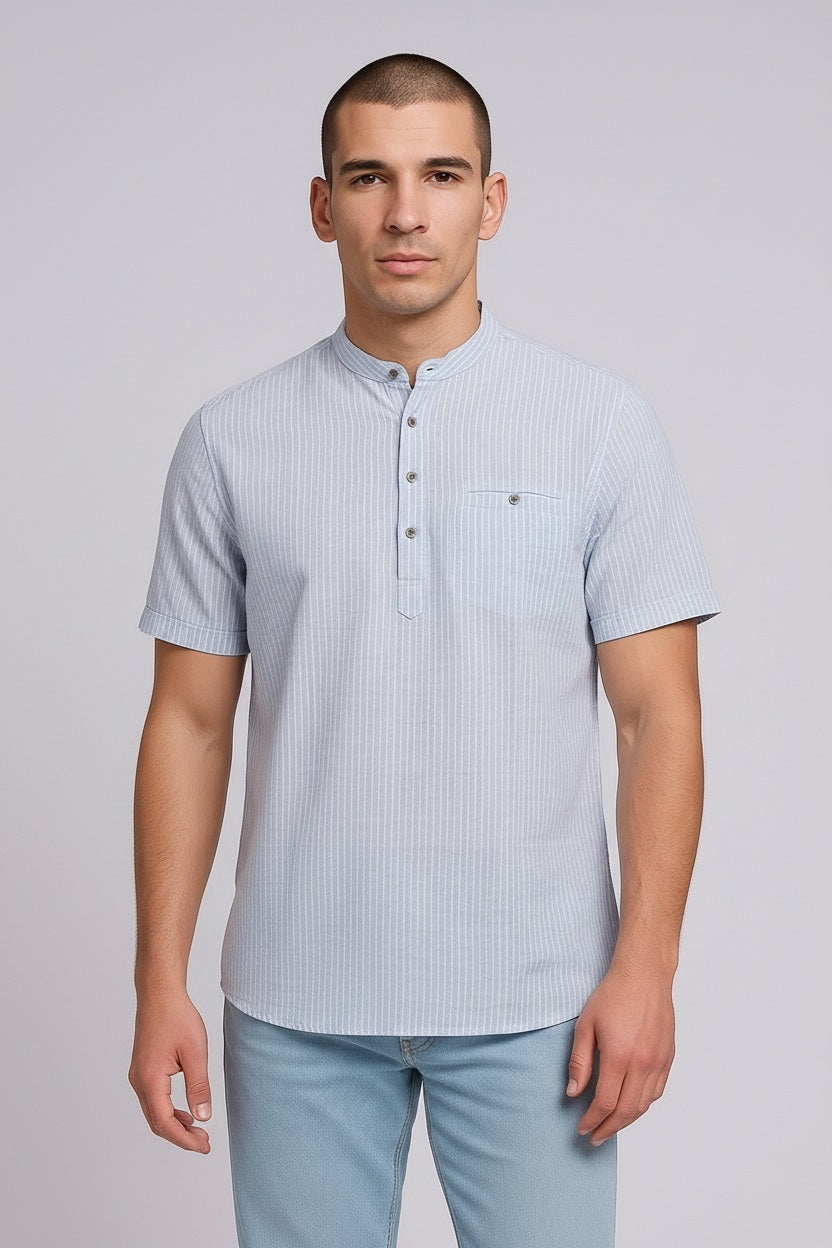 Men Sky Multi Stripes Mandrin Neck  Casual Shirt