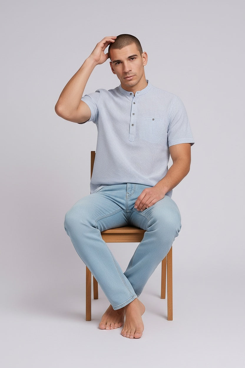Men Sky Multi Stripes Mandrin Neck  Casual Shirt
