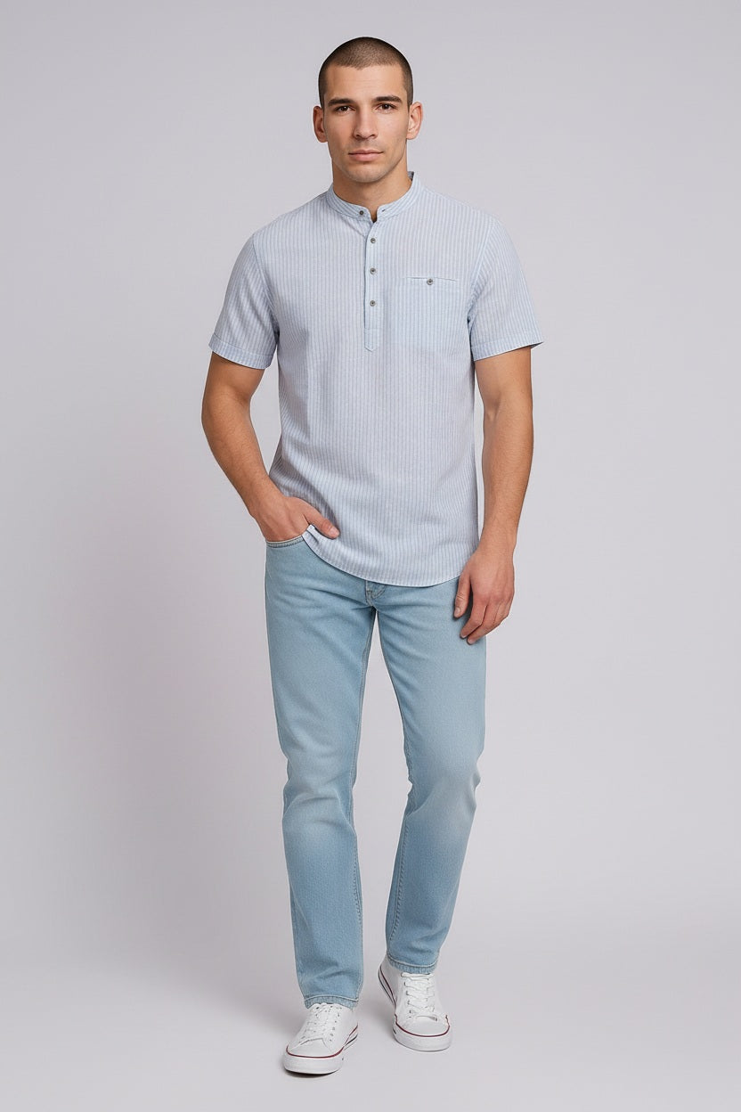 Men Sky Multi Stripes Mandrin Neck  Casual Shirt