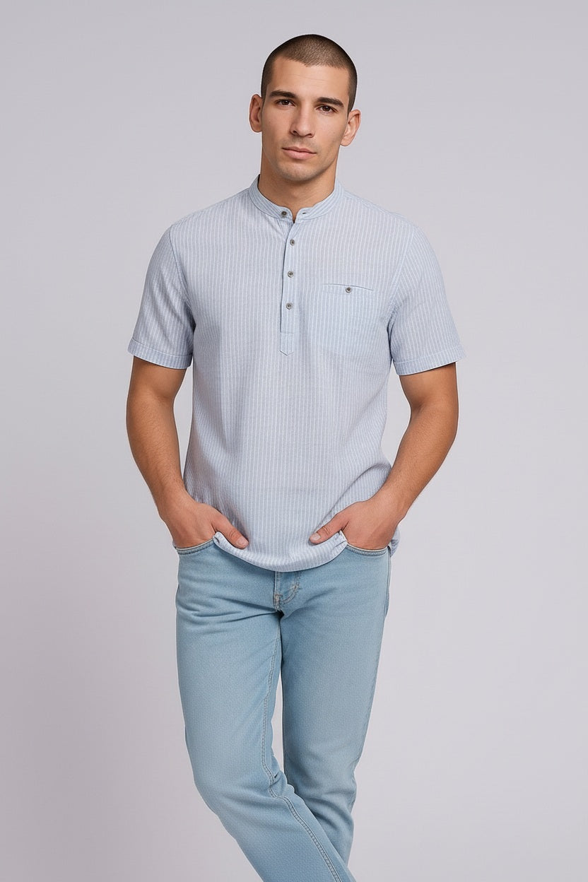 Men Sky Multi Stripes Mandrin Neck  Casual Shirt