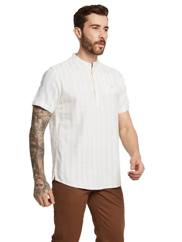 Mettle Men Striped Printed Band Collar Pocket Casual Shirt