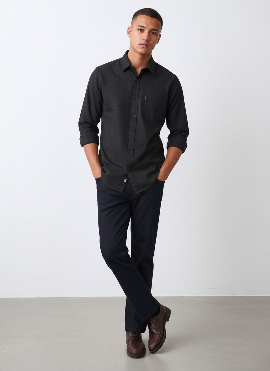 Men Black Solid Polo Neck Casual Shirt