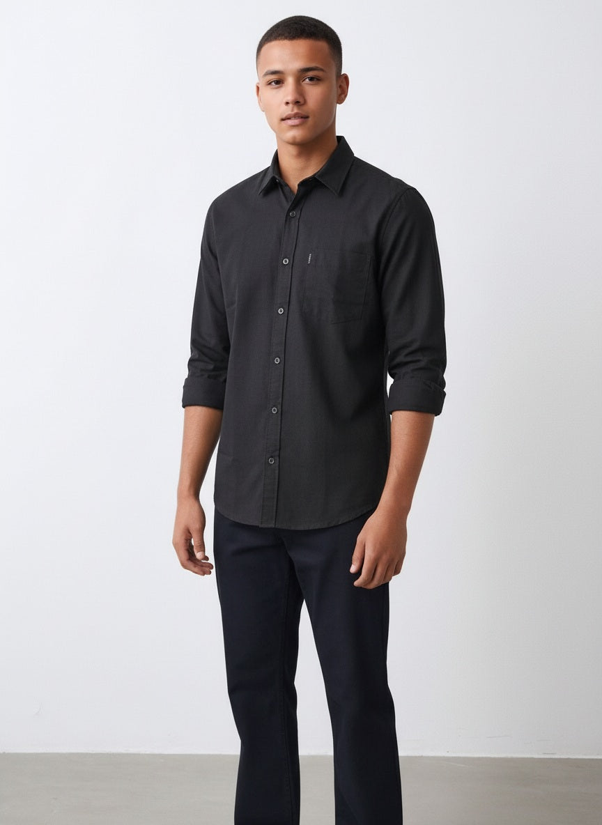 Men Black Solid Polo Neck Casual Shirt