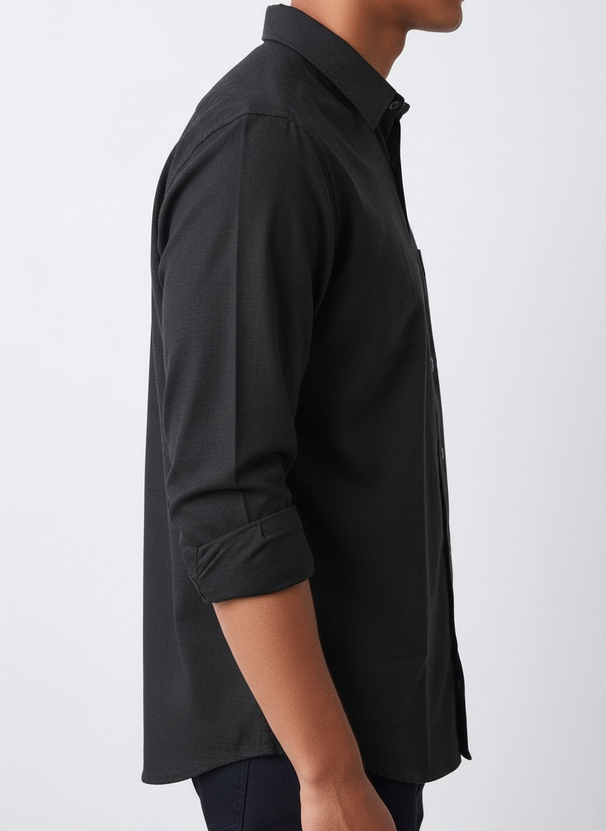 Men Black Solid Polo Neck Casual Shirt
