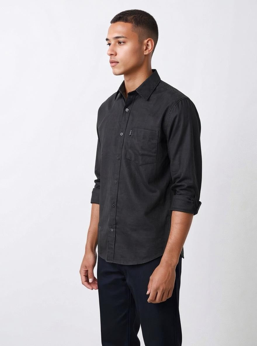 Men Black Solid Polo Neck Casual Shirt