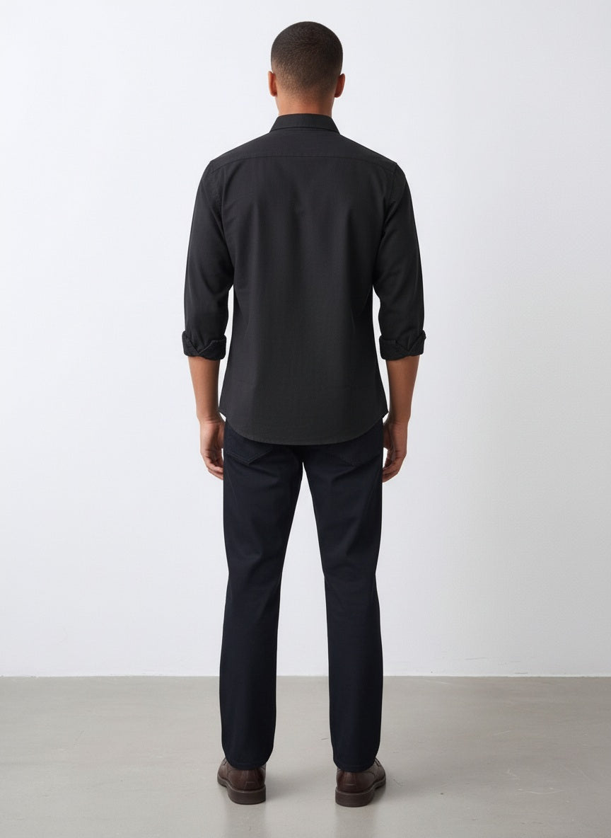 Men Black Solid Polo Neck Casual Shirt