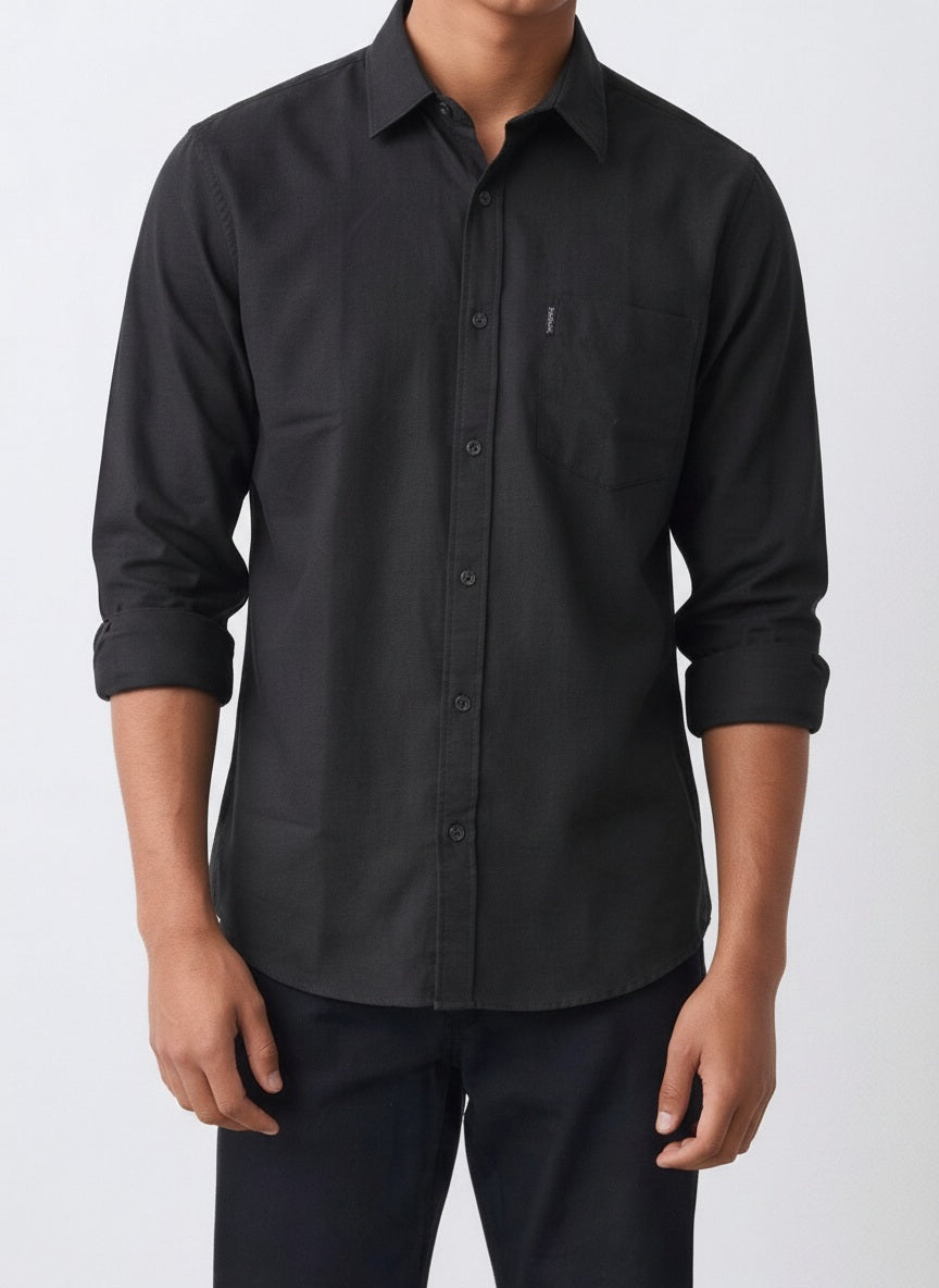 Men Black Solid Polo Neck Casual Shirt