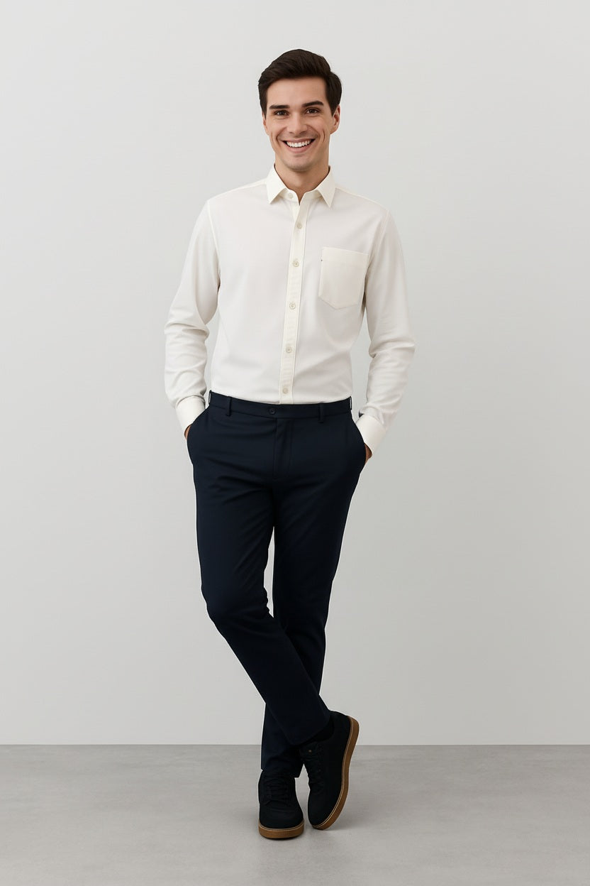 Men White Solid Polo Neck Casual Shirt