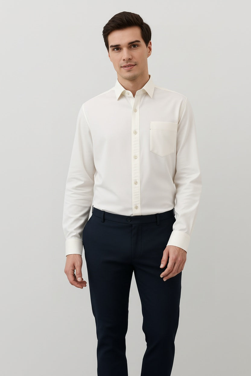 Men White Solid Polo Neck Casual Shirt