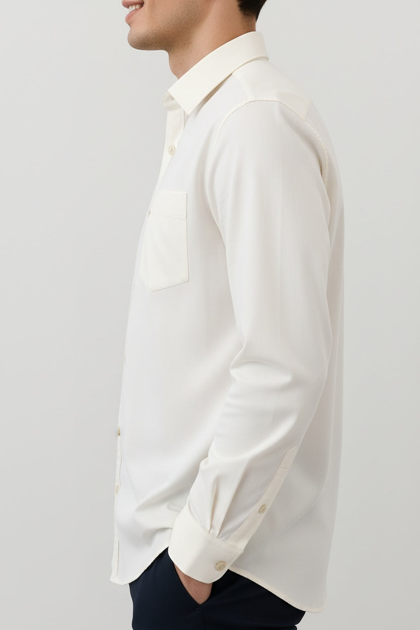 Men White Solid Polo Neck Casual Shirt