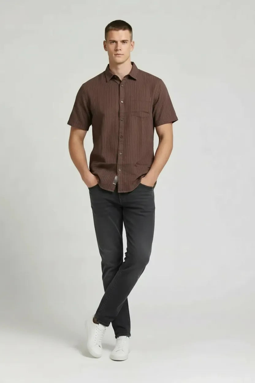 Men Espresso Striped Casual Shirt