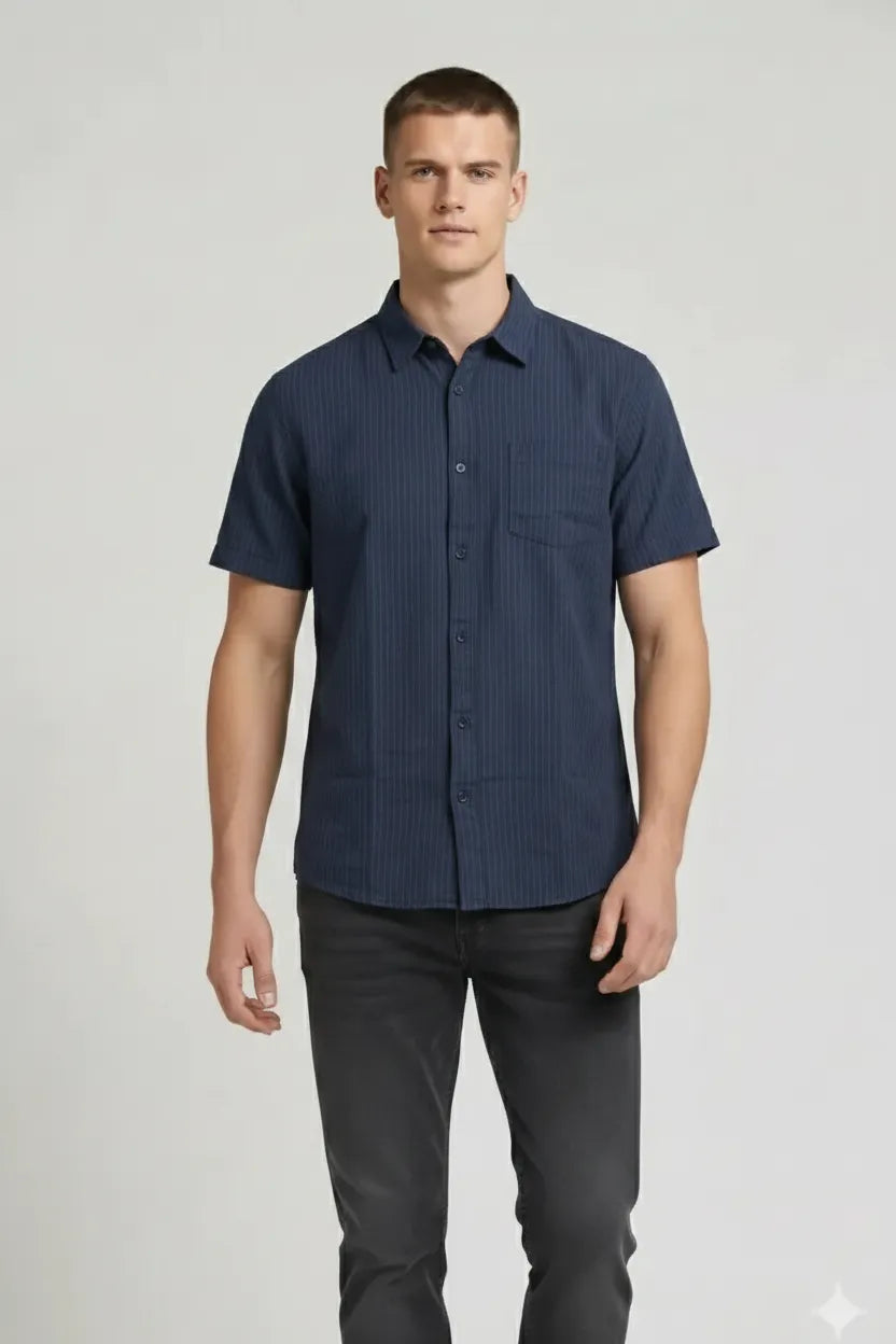 Men Navy Striped Casual Shirt
