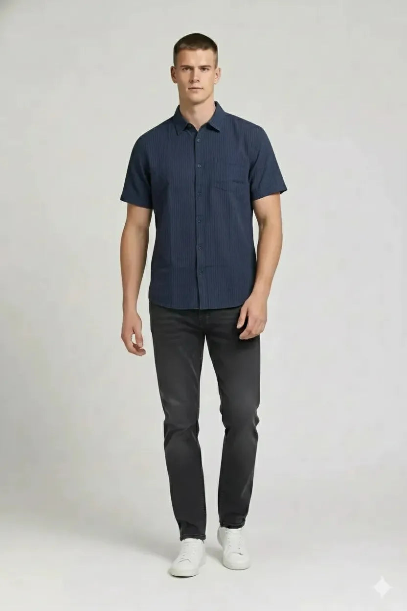 Men Navy Striped Casual Shirt