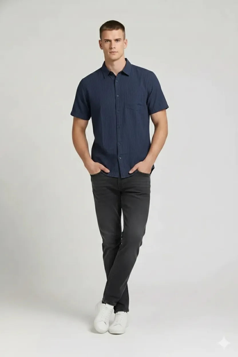 Men Navy Striped Casual Shirt