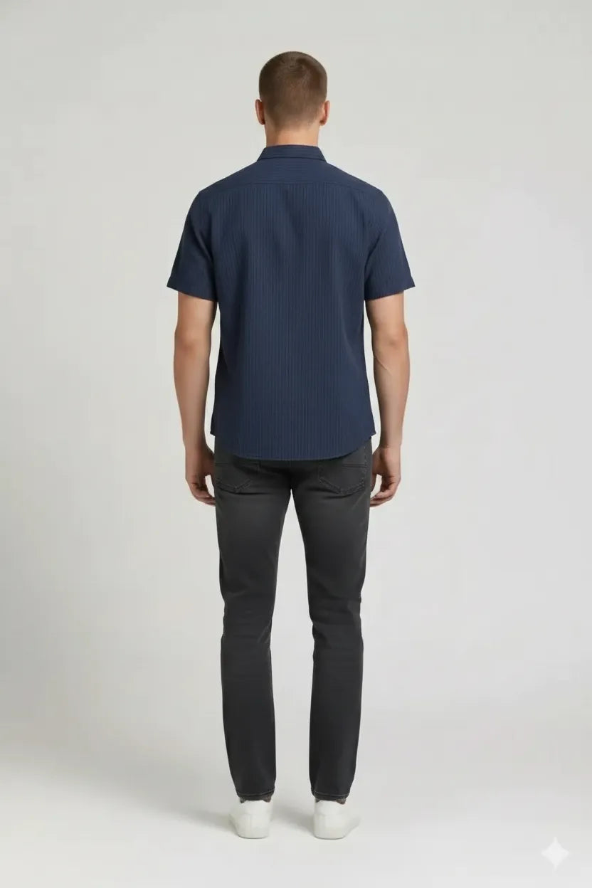 Men Navy Striped Casual Shirt