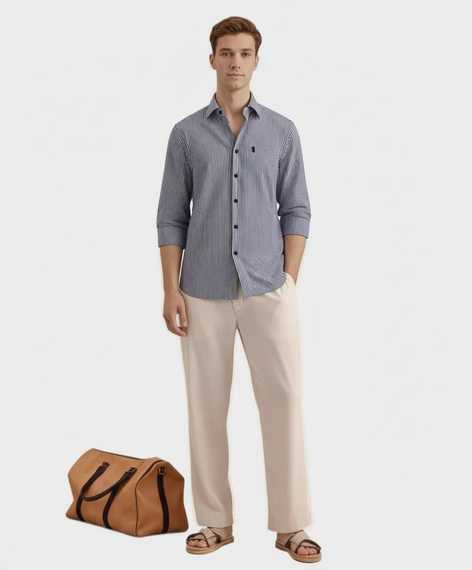 Men Multi Stripes Polo Neck  Casual Shirt