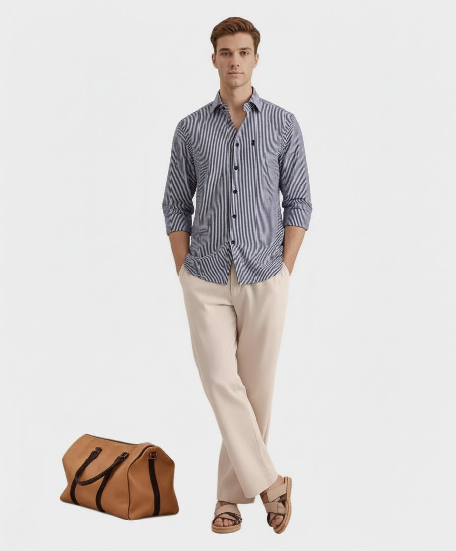 Men Multi Stripes Polo Neck  Casual Shirt