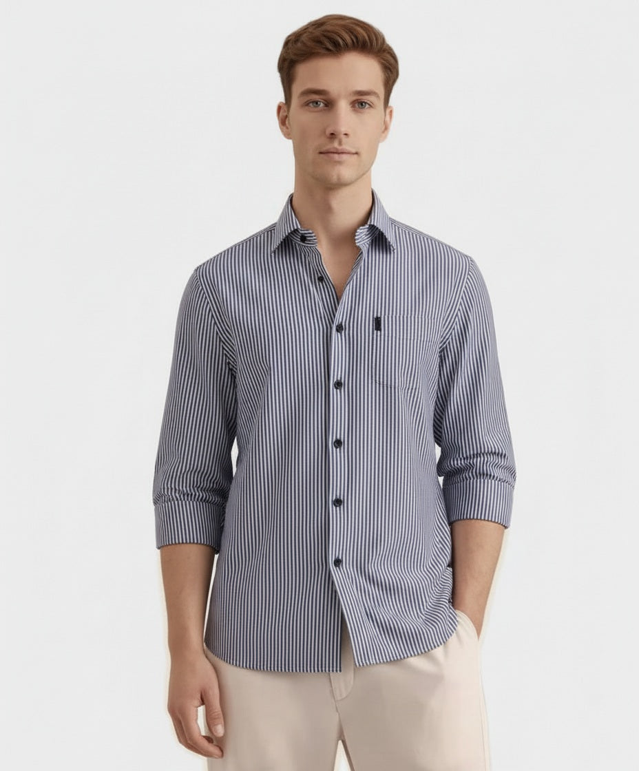 Men Navy Multi Stripes Polo Neck  Casual Shirt