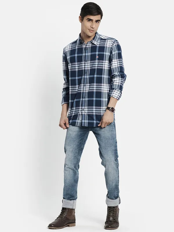 Men Navy Blue Tartan Checks Checked Casual Shirt