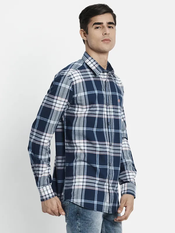 Men Navy Blue Tartan Checks Checked Casual Shirt