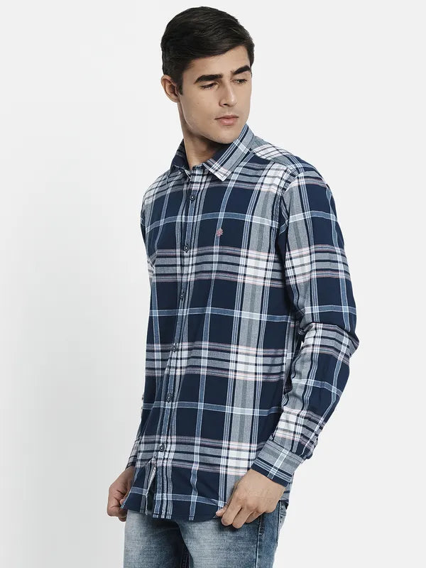 Men Navy Blue Tartan Checks Checked Casual Shirt