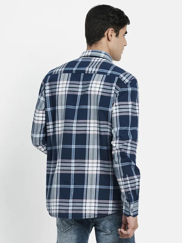 Men Navy Blue Tartan Checks Checked Casual Shirt