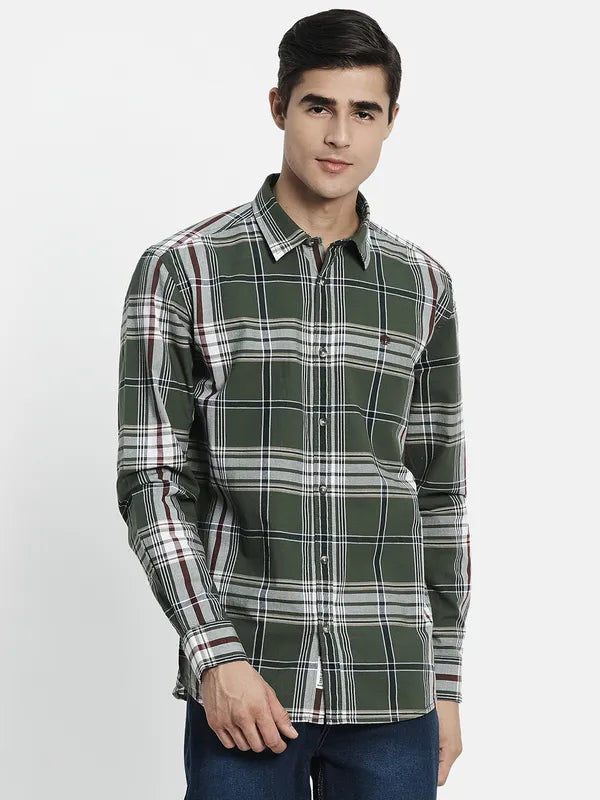 Men Olive Green Tartan Checks Checked Casual Shirt